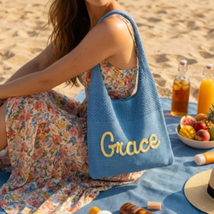 Embroidered Knit Beach Tote Bag